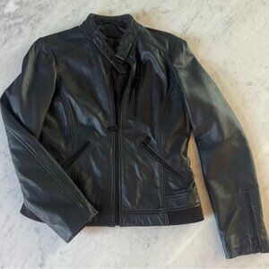 Bernardo Women's Dark Navy Blue Leather Moto Biker Jacket Size Small